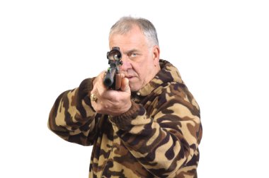 Hunter shooting at target with a air-rifle pointed at camera and isolated over white clipart