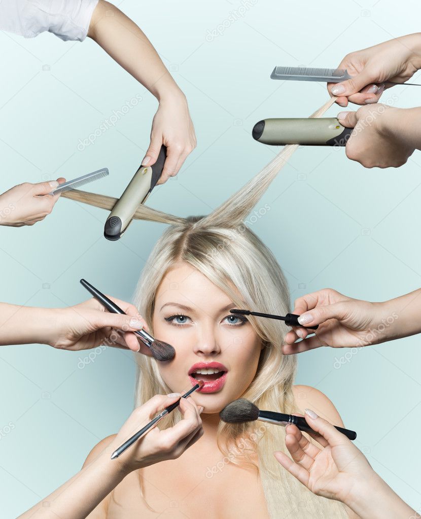 Portrait beautiful white hair girl with makeup brush
