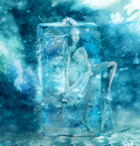 Fairy girl frozen in a block of ice