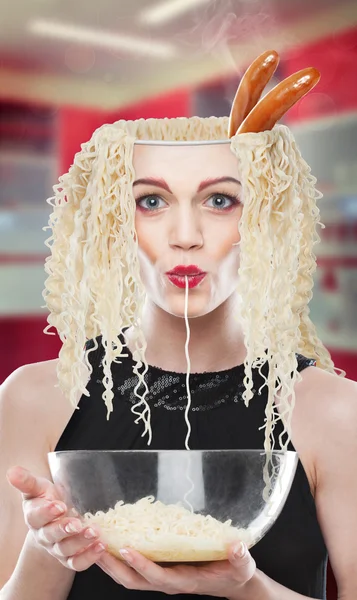 stock image Beautiful girl with hair noodle