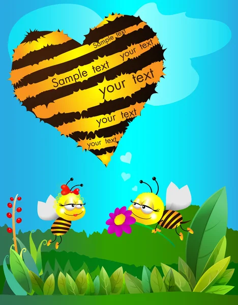 Zwei verliebte Bienen gratulieren sich zum Valentinstag — Stockvektor