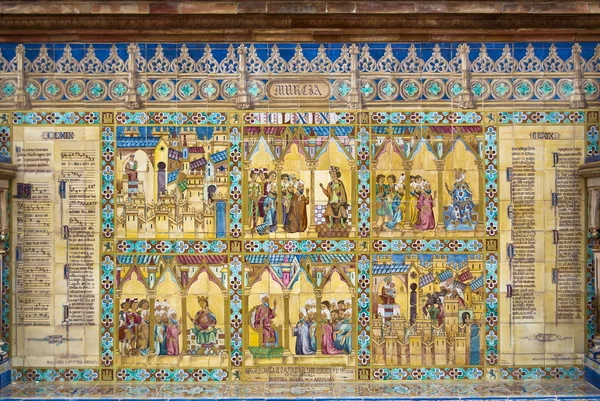 Keramiska dekoration i plaza de España, sevilla, Spanien. Murcia tema. Stockbild