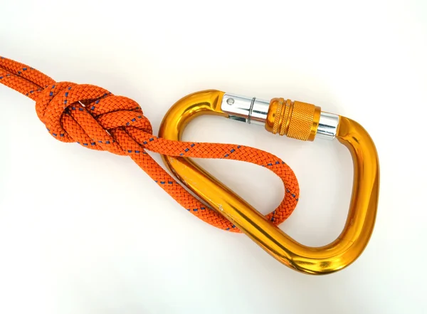 Climbing equipment - detail carabine and knot — Stock Photo, Image