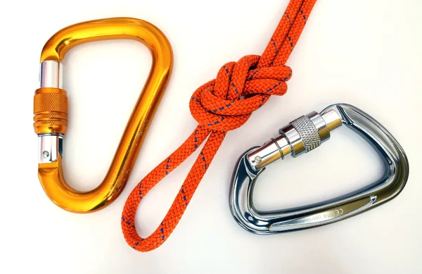 stock image Climbing equipment - carabiners and knot