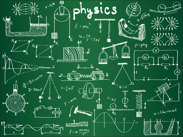 Fórmulas físicas e fenômenos na placa da escola —  Vetores de Stock