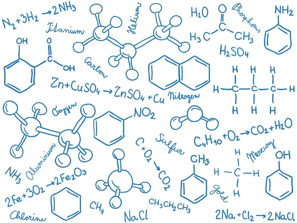 Chemie achtergrond - molecuul modellen en formules — Stockvector