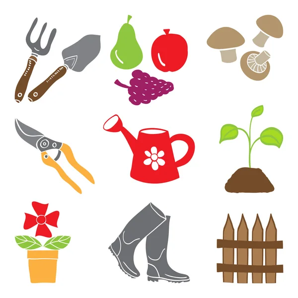 Icônes de jardinage colorées outils et plantes — Image vectorielle