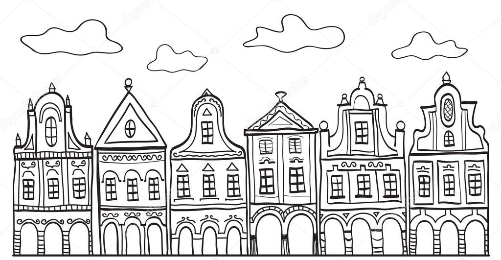 Illustration of old decorated village houses