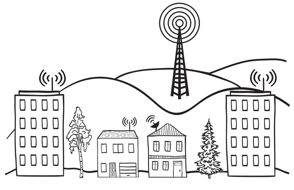 Ilustração do sinal sem fio da internet em casas na cidade — Vetor de Stock