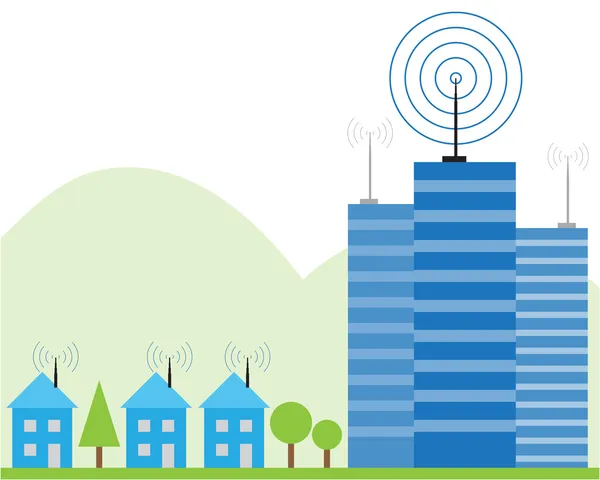 stock vector Illustration of wireless signal of internet into houses