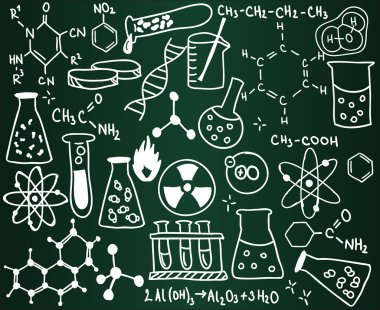 Chemistry icons and formulas on the school board clipart