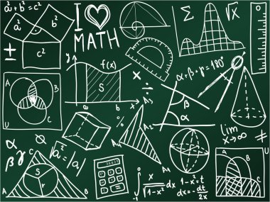 Mathematics icons and formulas on the school board - illustration