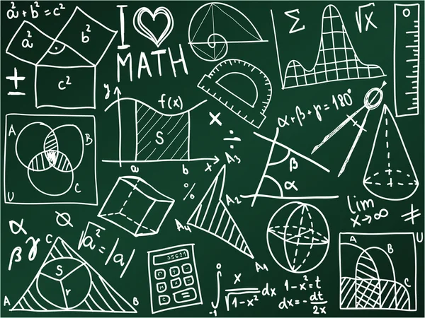 Matematika ikonok és az iskolaszék - illusztráció a képletek — Stock Vector