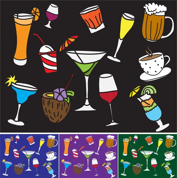Einige Arten von Getränken und Coctails - farbiges Muster und Hintergrund — Stockvektor