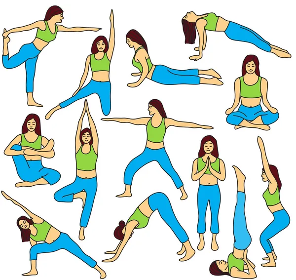 Yoga poses collection - colored vector illustration — Stock Vector