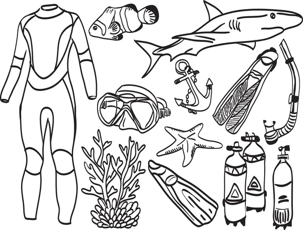 Diving equipment and sea life — Stockvector