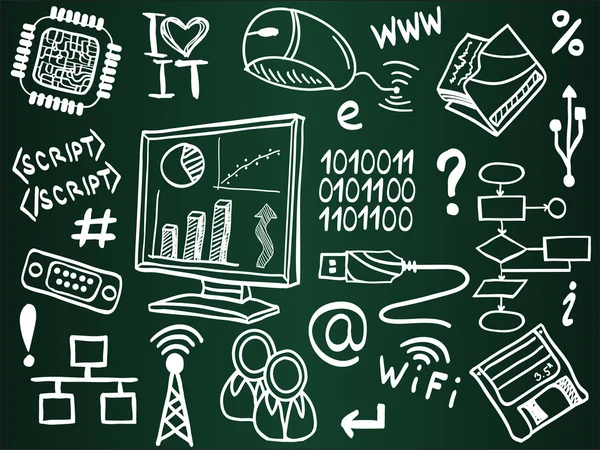 Iconos de la tecnología de la información y bocetos de Internet en el consejo escolar — Vector de stock