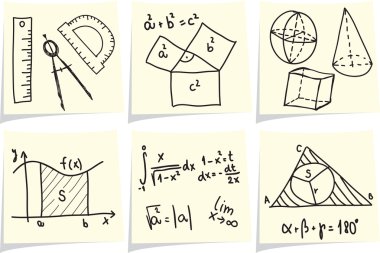 Matematik ve geometri simgeler ve formüller üzerinde sarı Not sopa