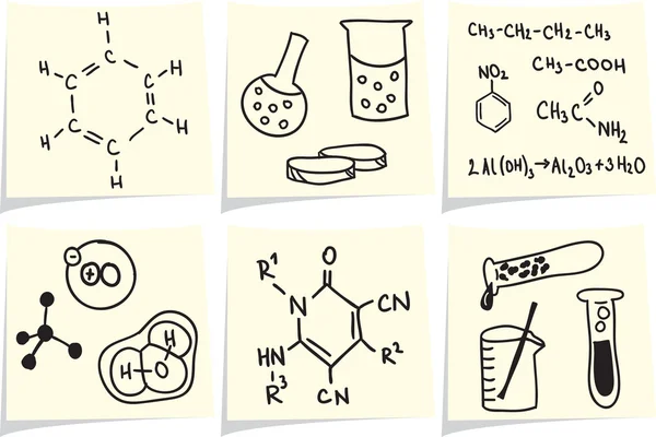 Chemistry and biology icons and formulas on yellow memo sticks — Stock Vector