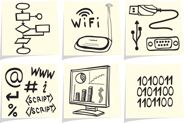 Iconos de la tecnología de la información y del boceto de Internet en memo sticks amarillos — Vector de stock