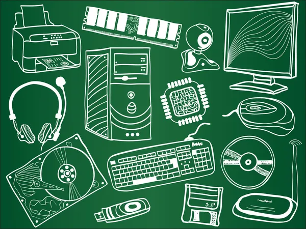 Componentes de PC y bocetos de dispositivos periféricos en el tablero escolar — Archivo Imágenes Vectoriales