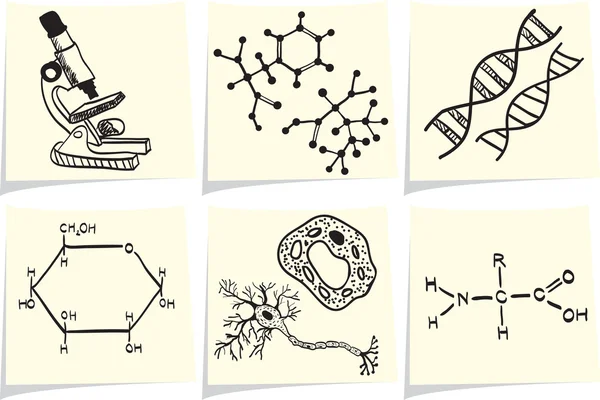 Biologia i chemia ikony na żółte notatki laski — Wektor stockowy