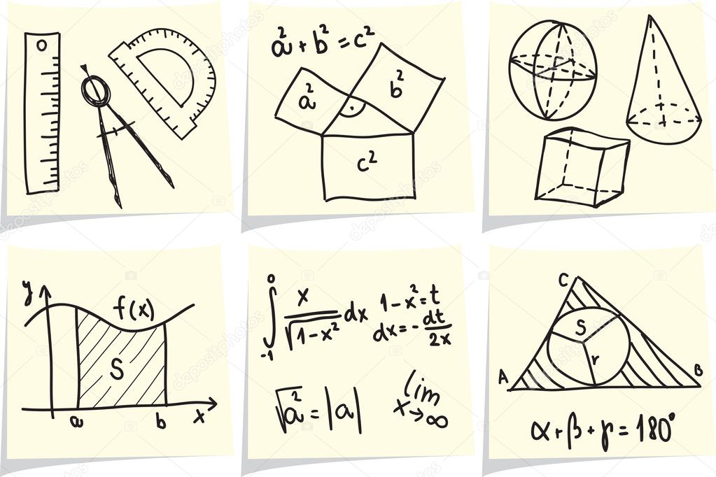 Mathematics and geometry icons and formulas on yellow memo sticks