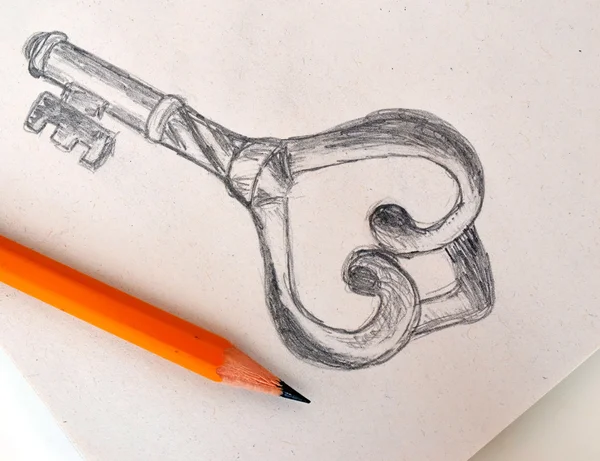 Pencil drawing of old vintage key — Stock Photo, Image