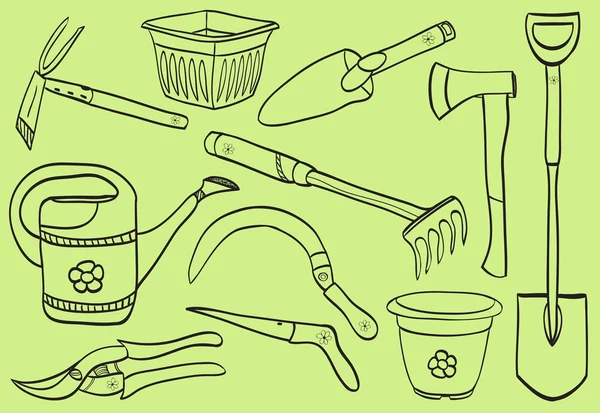 Ilustración de herramientas de jardinería - estilo garabato — Vector de stock
