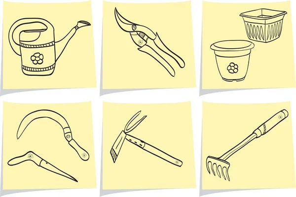 Ilustração de ferramentas de jardinagem em palitos de memorando amarelo - estilo doodle —  Vetores de Stock