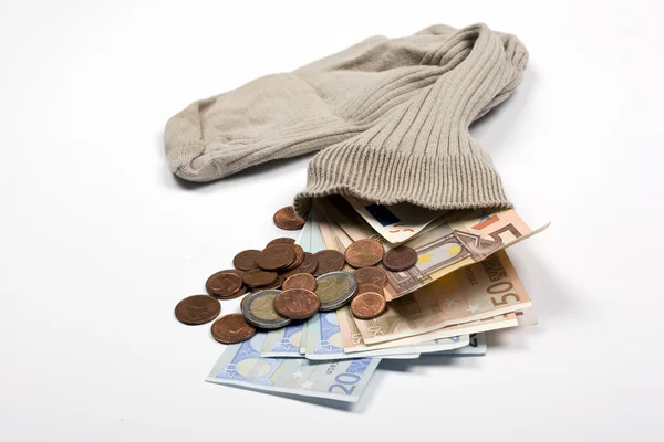 Dinero en un calcetín viejo — Foto de Stock