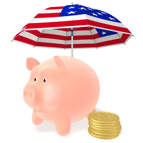 Piggy e monete sotto l'ombrello — Foto Stock