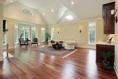 Family room with curved windows