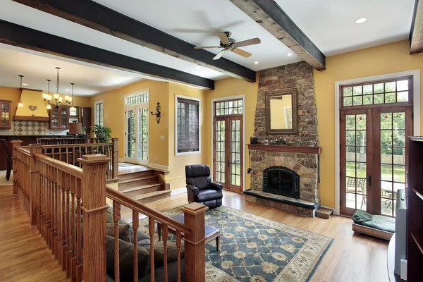 Family room with wood ceiling beams — Stock Photo, Image