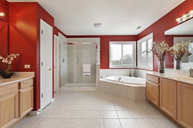 Master bath with red walls clipart