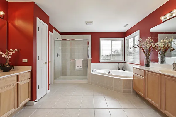 Master bath with red walls — Stock Photo, Image