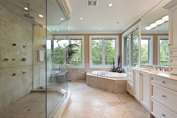 Master bath with large glass shower