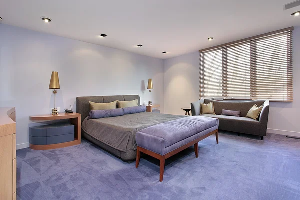 Hoofdslaapkamer met lavendar vloerbedekking — Stockfoto