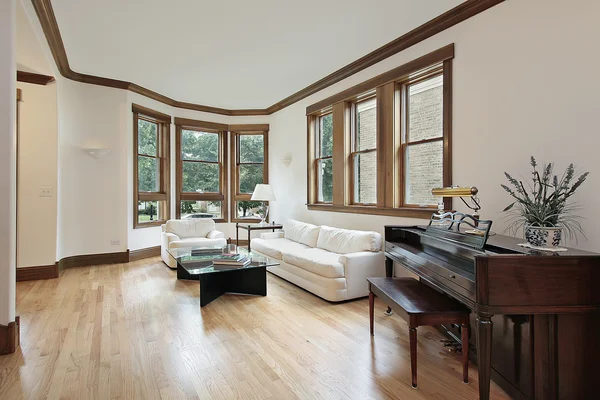 Sala de estar com janelas aparadas em madeira — Fotografia de Stock