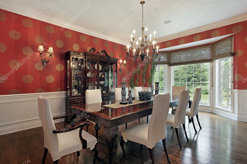 Dining Room With Red Walls Stock Photo, Red Formal Dining Room Decor