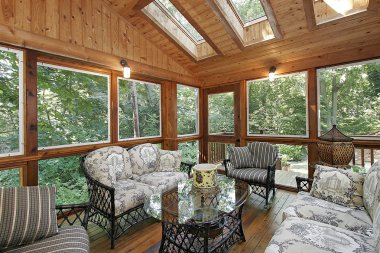 Wood paneled porch with skylights clipart