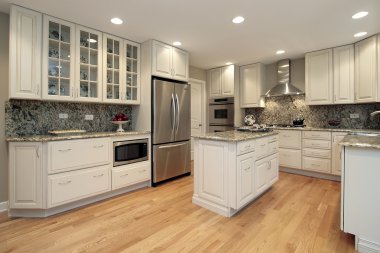 Kitchen with light colored cabinetry clipart