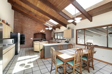 Kitchen with wood ceiling and skylights clipart
