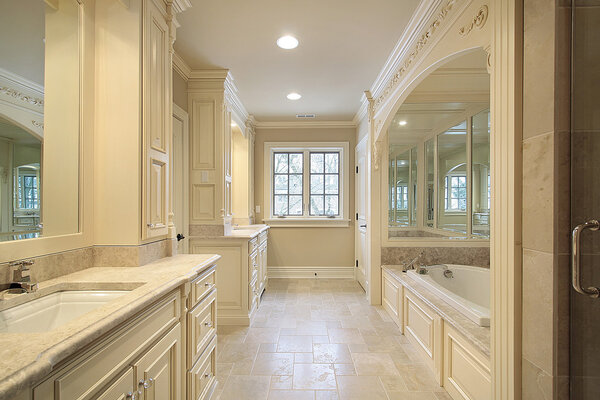 Master bath with mirrored tub