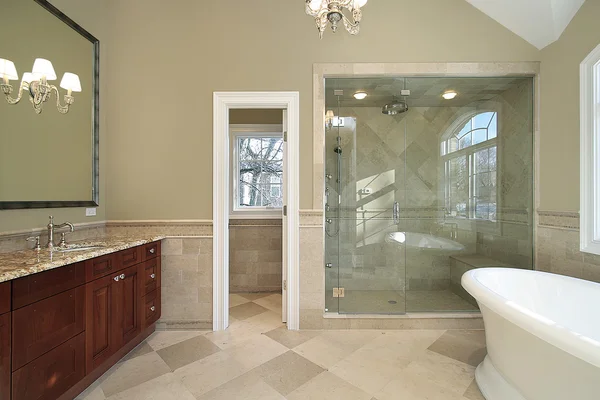 Hlavní koupelna s volně stojící vana — Stock fotografie