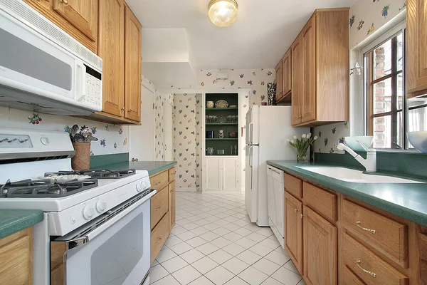 Küche mit grünen Arbeitsplatten — Stockfoto