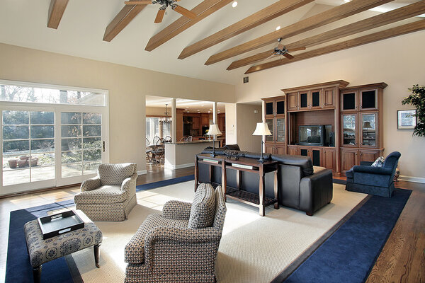 Family room with wood beams