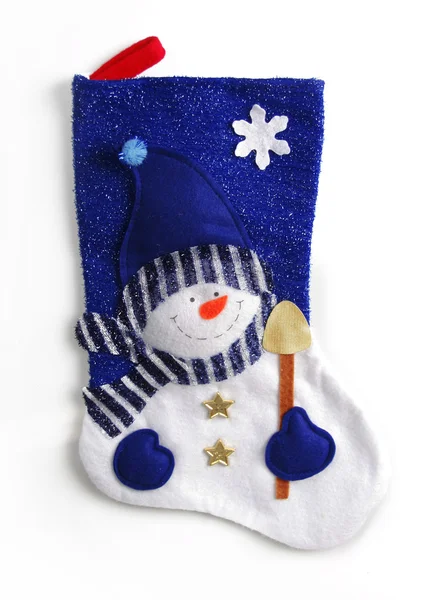 Calcetín azul de Navidad con muñeco de nieve — Foto de Stock