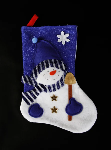 Blauwe sok van Kerstmis met sneeuwpop — Stockfoto