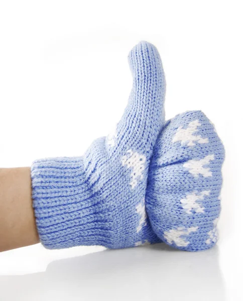 Hand in blue mittens show gesture ok — Stock Photo, Image